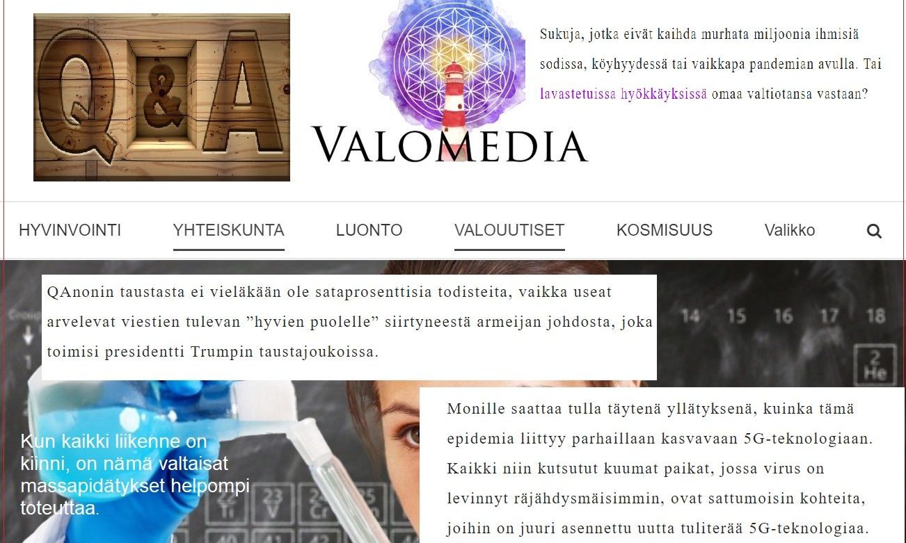 Suomalaisnäyttelijä perusti verkkosivuston, jolla hän jakaa Yhdysvaltain äärioikeiston QAnon-maailmantuhouhkailuja, koronahuhuja ja terveyshuuhaata